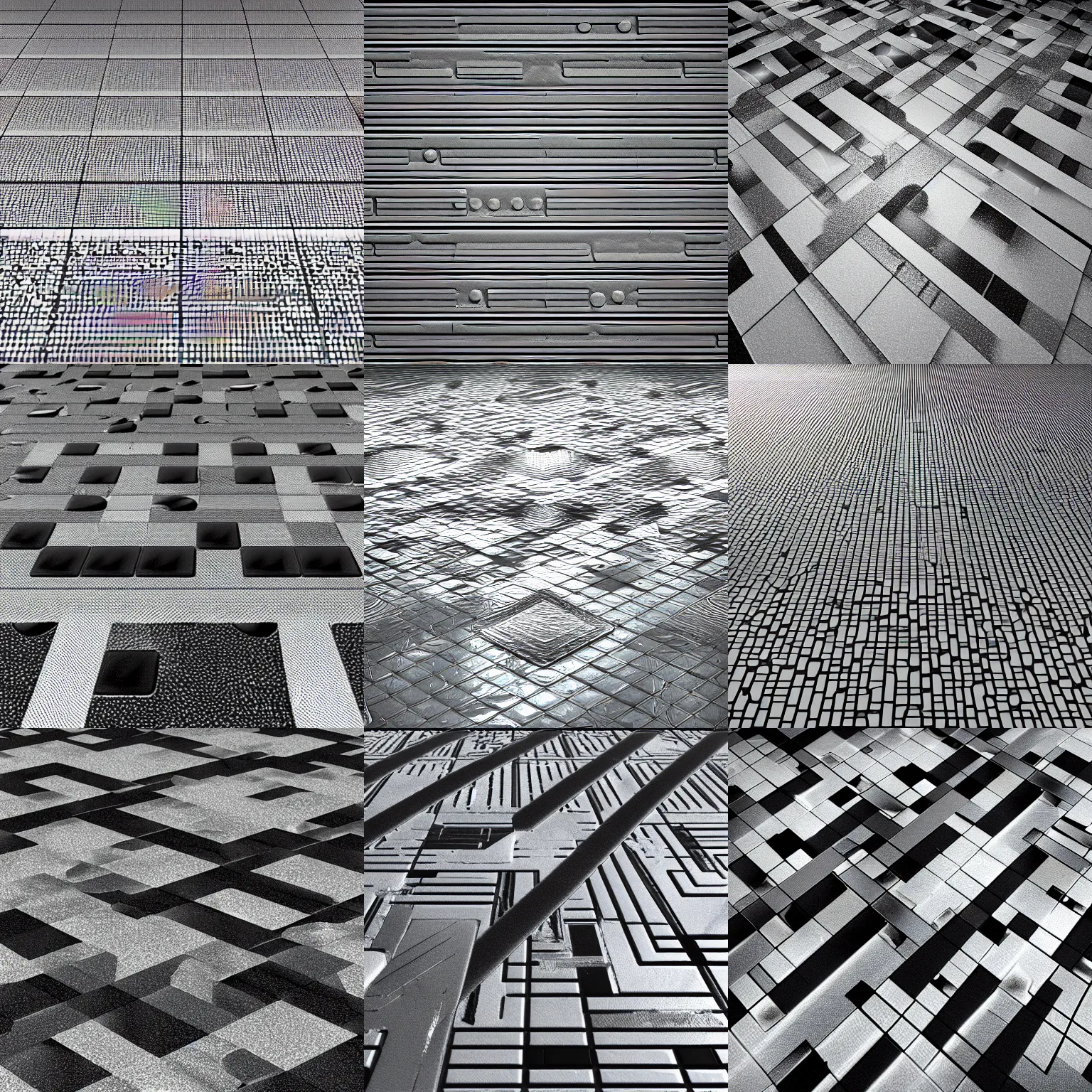 Prompt: dystopian floor seamless texture, shiny, white and black, brutalist, retrofuturism, octane render