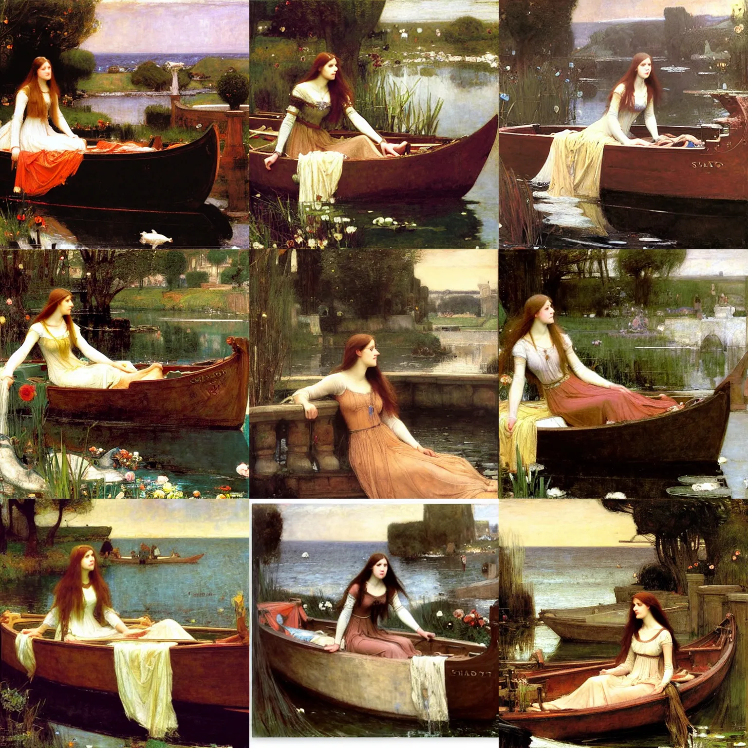 Prompt: lady of shalott by william waterhouse, sharks in the water