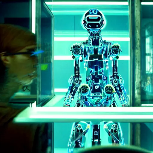 Prompt: cyberpunk cowboy robot from ex machina, neon blue glass forehead, transparent, see - through, gears and lights, cinematography by stanley kubrick, intricate, elegant, symmetry