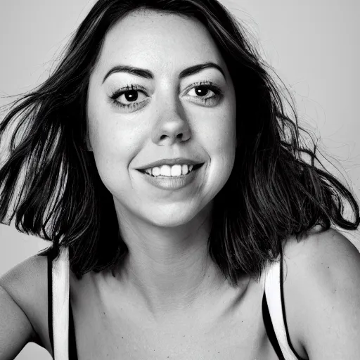 Image similar to portrait of Aubrey Plaza, high resolution 8k, modeling, black and white, 50mm lens, happy, dazzling,