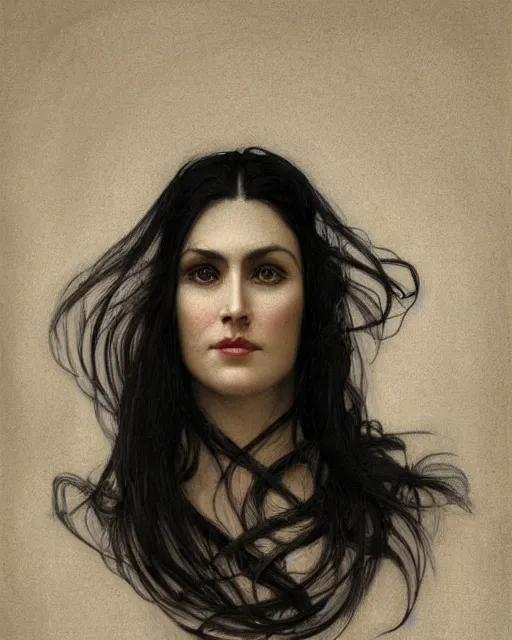 Image similar to portrait of a tall 4 0 - year - old woman with thin lips, long, lush black hair gathered on the head, and thick eyebrows, wearing in black clothes, aristocratic appearance, hyper realistic face, beautiful eyes, close up, fantasy art, in the style of greg rutkowski, intricate, alphonse mucha, hyper detailed, smooth