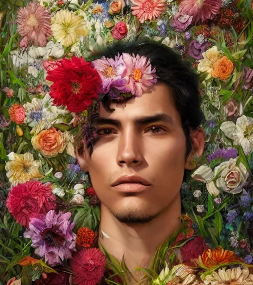 Image similar to portrait of a peruvian male model, surrounded by flowers by karol bak, james jean, tom bagshaw, rococo, trending on artstation, cinematic lighting, hyper realism, octane render, 8 k, hyper detailed.