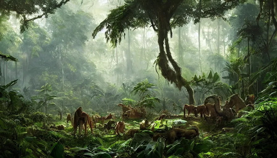 Image similar to a beautiful painting of an archaeological evolution in a lush jungle, ray traced lighting by kalin popov and greg rutkowski