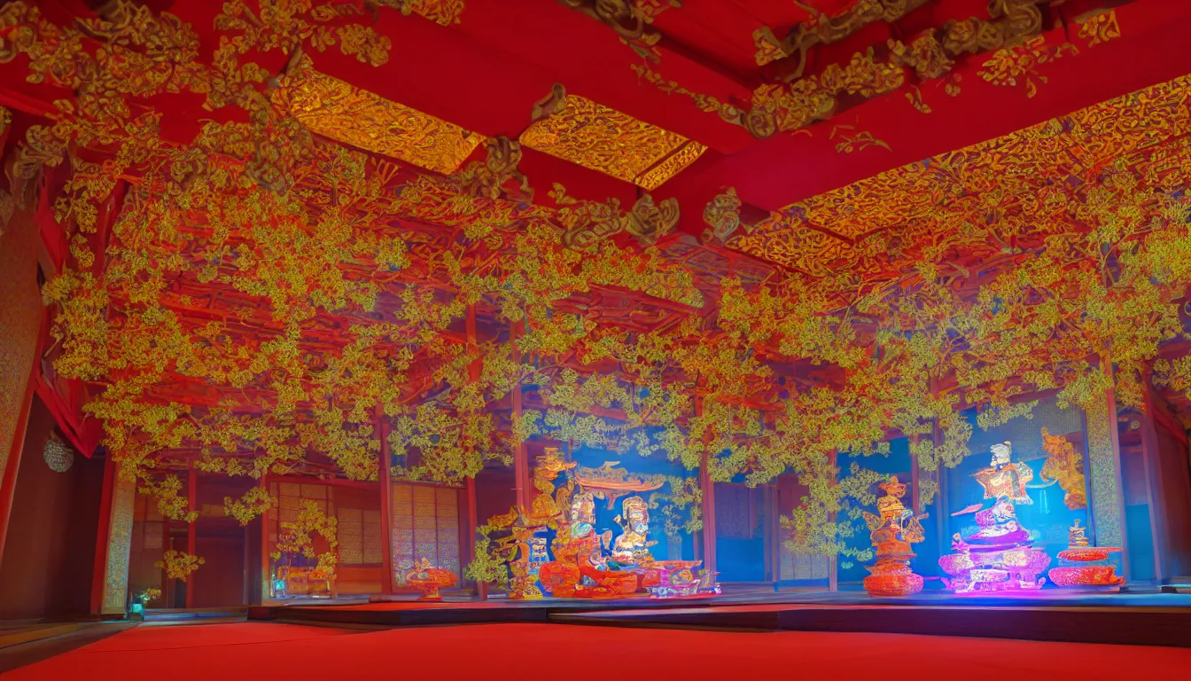 Image similar to volumetric lighting, flowing shimmering colourful fabrics, emerging sounds and an ancient male bearded face , inside a huge traditional Japanese Royal ornate temple , full colour , upscale , 4k