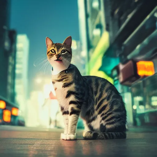 Prompt: professional photograph of a cat in a neon dystopian city, high quality, highly detailed, HD, 8K