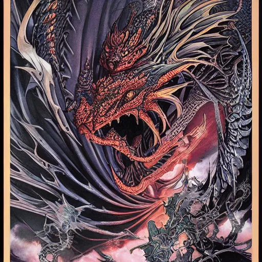 Image similar to dark dragon, by yoichi hatakenaka, masamune shirow, josan gonzales and dan mumford, ayami kojima, takato yamamoto, barclay shaw, karol bak