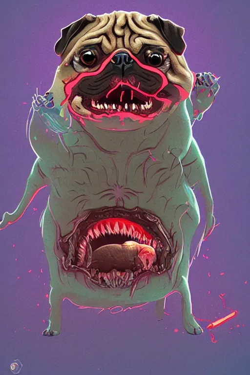 Image similar to demon pug eating flesh. art by mike winkelmann, sticker, illustration, highly detailed,