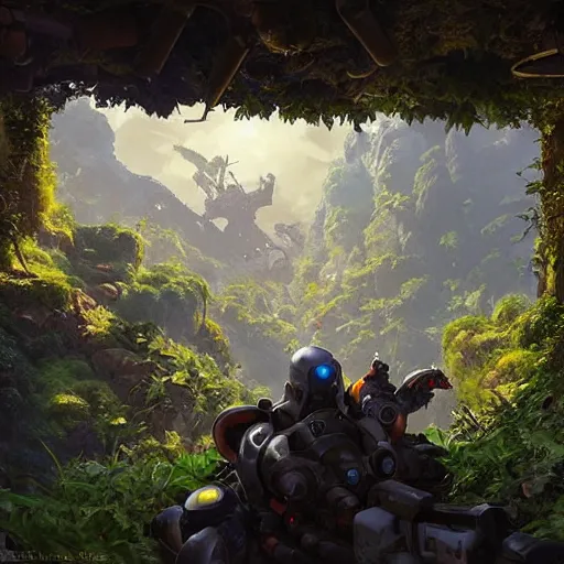 Image similar to worm's eye view of overwatch headquarters carved inside a mountain above a lush garden, neatly trimmed vegetation, magical, natural light, fantasy, sharp focus, concept art, by greg rutkowski and craig mullins, cozy atmospheric