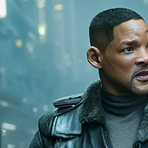 Image similar to a still from blade runner 2 0 4 7 with will smith as the main characer