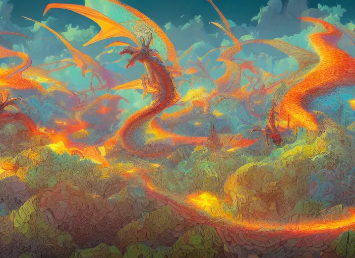 Image similar to psychedelic concept art of a dragon landscape made of thousands of dragons, cel shaded, in the style of makoto shinkai and moebius and peter mohrbacher and anton fadeev