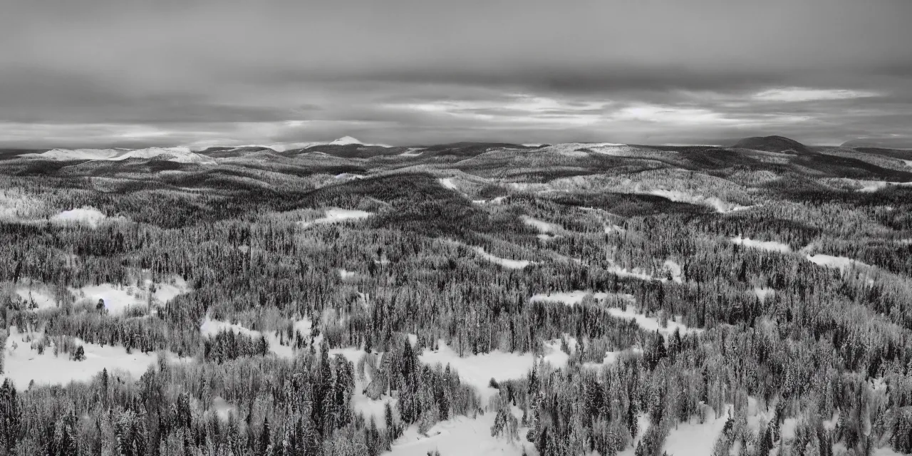 Prompt: laurentian appalachian mountains in winter, unique, original and creative landscape, aerial photography by ansel adams, snowy night, distant town lights, aurora borealis, deers and ravens, footsteps in the snow, brilliant composition