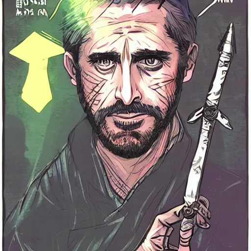 Image similar to pen and ink!!!! attractive 22 year old deus ex Frank Zappa x Ryan Gosling golden!!!! Vagabond!!!! magic swordsman!!!! glides through a beautiful battlefield magic the gathering dramatic esoteric!!!!!! pen and ink!!!!! illustrated in high detail!!!!!!!! by Hiroya Oku!!!!!!!!! Written by Wes Anderson graphic novel published on shonen jump MTG!!! 2049 award winning!!!! full body portrait!!!!! action exposition manga panel