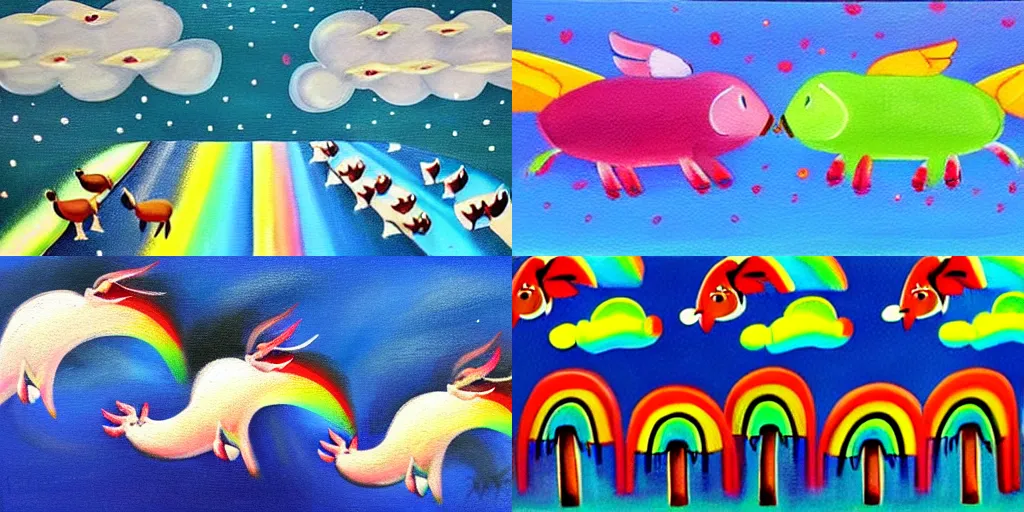 Prompt: beautiful painting of flying pigs over double rainbows