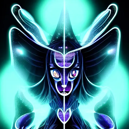 Image similar to a symmetrical portrait of a mystical creature with glowing energies and particals, metal scales, surrounded by spirits, gloomy cinematic lighting, highly detailed, anime style manga