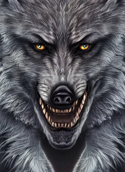 Image similar to werewolf, detailed eyes, fantasy, intricate, highly detailed, digital painting, 4k, HDR, concept art, smooth, sharp focus, illustration, by Wayne Reynolds