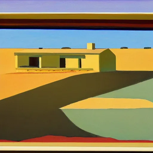 Image similar to motel in a desert rural landscape, painted by Alex Katz and Edward Hopper, airbrush, highly detailed