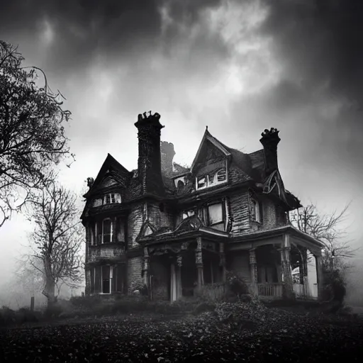 Prompt: Looming ramshackle Victorian mansion, cinematic, moody, gothic, lost in the mist