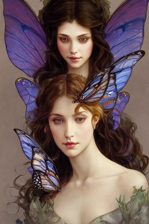 Prompt: portrait of beautiful faerie with butterfly wings, headshot, symmetrical, elegant, regal, intricate, twilight background, highly detailed, digital painting, artstation, sharp focus, watercolor, muted color, complementary colors, art by artgerm, greg rutkowski and alphonse mucha