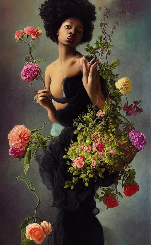 Image similar to surrealism, beautiful black woman with curly hair, holding flowers, hyper realism, muted colours, rococo