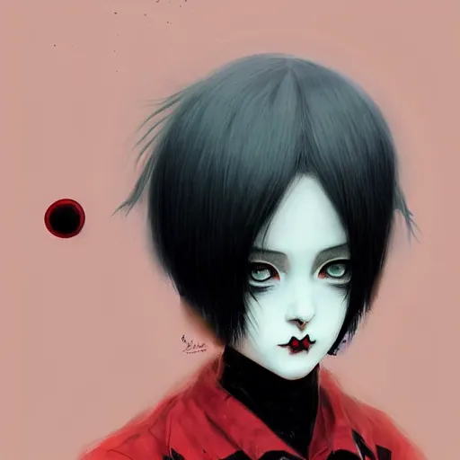 Prompt: beautiful! beautiful! coherent and aesthetically pleasing! portrait of an anime goth clowngirl with lovely red eyes and black lips and a pouty demeanor, painted by ilya kuvshinov!!! and zdzislaw beksinski