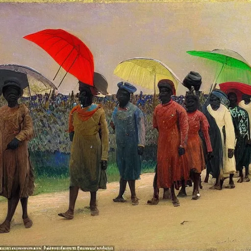 Prompt: parade of dahomey officials with colorful flat umbrellas, 1895, highly detailed, oil on canvas, by ilya repin