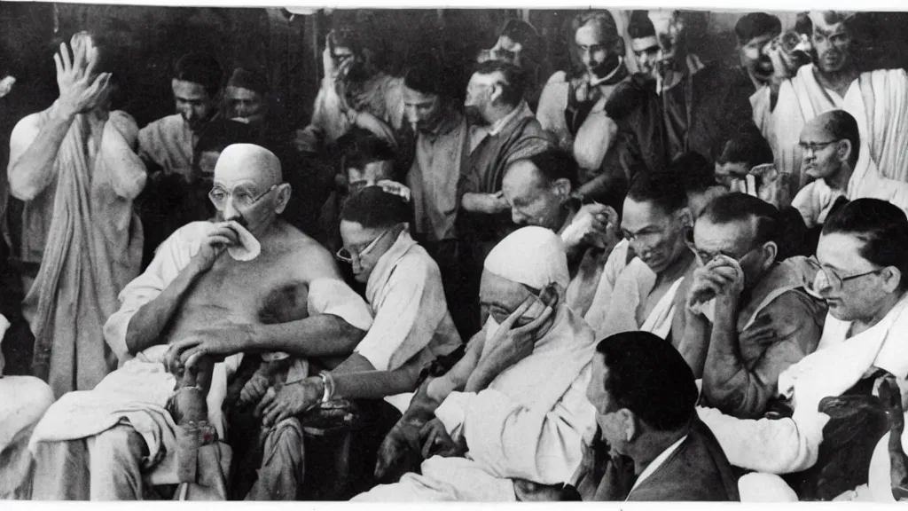 Image similar to gandhi smoking infront of press in a conference, historic old photograph