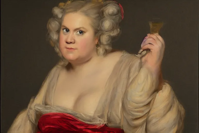 Image similar to amy schumer in the style of samuel johnson, meme, Sir Joshua Reynolds, 1775 oil painting, 8k, photorealistic brush strokes