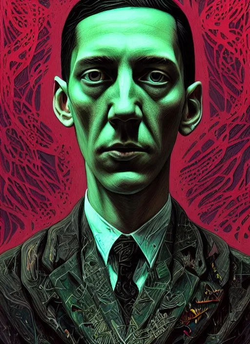 Image similar to hyper detailed ultra sharp h. p. lovecraft photorealistic portrait, somber melancholic aesthetic, masterpiece, elite, illustration, art by sachin teng, felix englund, organic matte painting, emerald color palette, hard edges, graffiti, street art 8 k