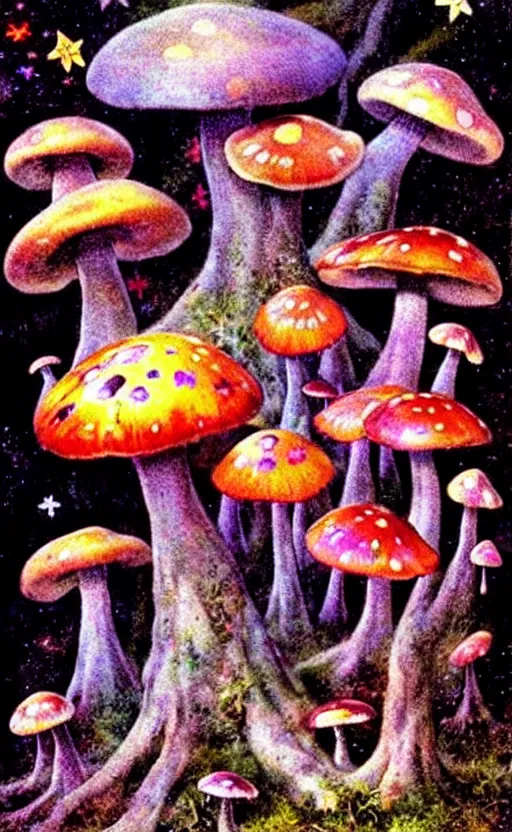 Prompt: enchanted cosmic forest mushrooms on the ground small fairies stars in the sky butterflies rainbows psychedelic wide angle by frank frazetta