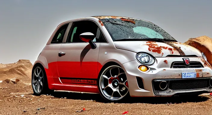 Prompt: a wrecked 2 0 1 0 abarth 5 0 0, abandoned in a desert, dusty, damaged, some rust