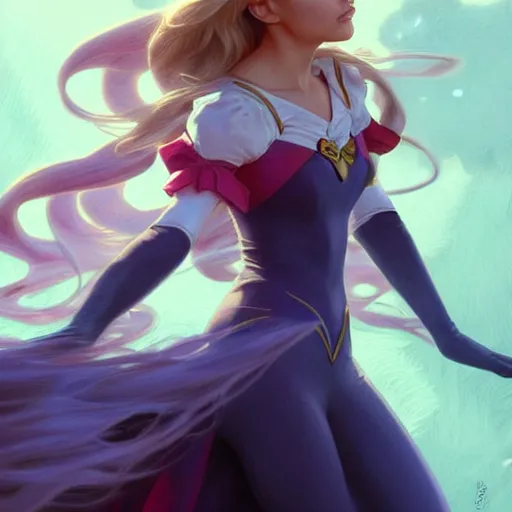 Prompt: Elizabeth Olsen as Sailor Moon, western, D&D, fantasy, intricate, elegant, highly detailed, digital painting, artstation, concept art, matte, sharp focus, illustration, art by Artgerm and Greg Rutkowski and Alphonse Mucha