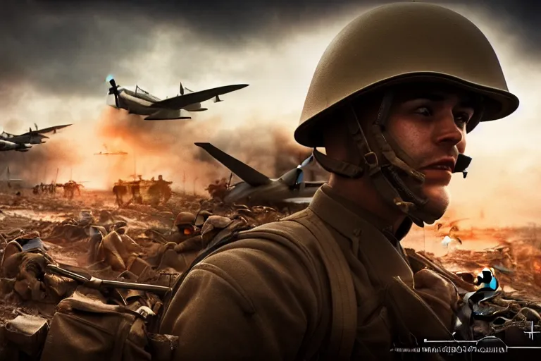Prompt: World War 1 warzone, planes, cinematic lighting, 35mm photography, highly detailed, 8K, artgerm, sharp focus, cgsociety, warm lighting