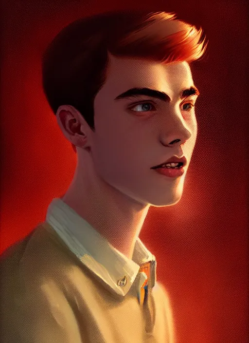 Image similar to portrait of teenage archie andrews, freckles, intricate, elegant, glowing lights, highly detailed, digital painting, artstation, concept art, smooth, sharp focus, illustration, art by wlop, mars ravelo and greg rutkowski