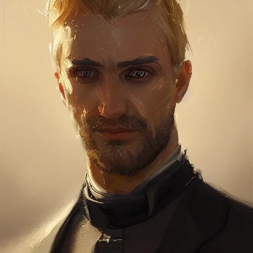 Image similar to A detailed oil painting of a priest in his thirties, sharp and angular face, dirty blonde hair reaching the shoulders, by Greg Rutkowski, trending on artstation