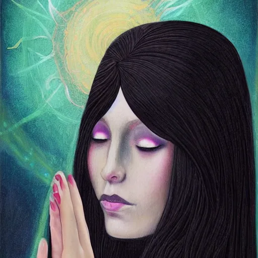 Image similar to a portrait of a beautiful young witch praying a psychic prayer that is surreally becoming real as the pretty mentally insane young witch inquisitively smirks at you. slender, pretty and stunning young witch with long straight hair wearing an English school uniform, with mental insanity imagines an image of a psychic energetic state of lucid reality. ultra detailed painting at 16K resolution and epic visuals. epically surreally beautiful image. amazing effect, image looks crazily crisp as far as it's visual fidelity goes, absolutely outstanding. vivid clarity. ultra. iridescent. mind-breaking. English school uniform-wearing young witch illustrated as a portrait. mega-beautiful pencil shadowing. Ultra High Definition. holy art that looks like it is portraying a normal young lady.