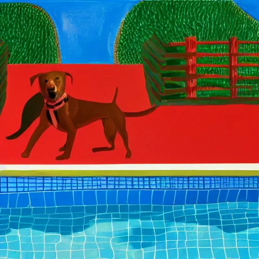 Prompt: close-up of a red dog in front of a pool, painting by david hockney, highly detailed