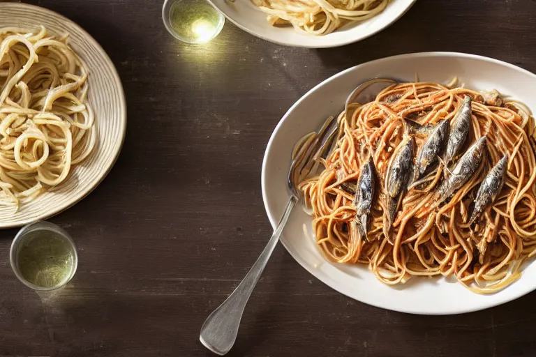 Prompt: Spaghetti with sardines and bananas