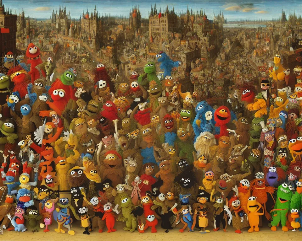 Prompt: sesame street muppets art by hieronymus bosh, triumph of death by pieter brueghel