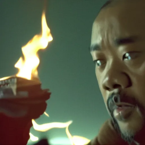 Image similar to cinematic film still of Timbaland starring as a Japanese Sensei with fire, Japanese CGI, VFX, 2003, 40mm lens, shallow depth of field, film photography