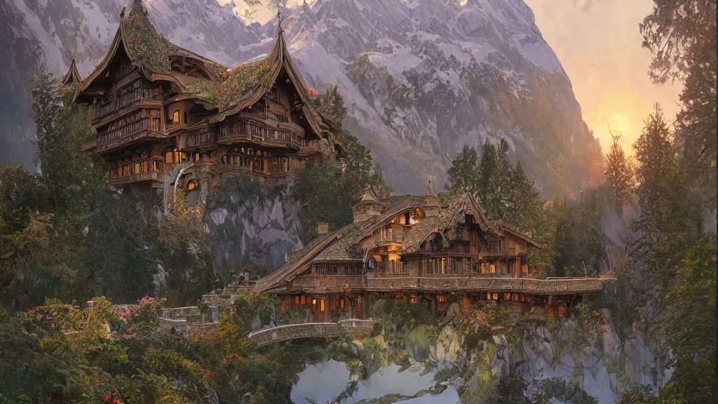 Image similar to a beautiful painting of art nouveau swiss chalet elven rivendell at sunrise in the distant mountains, intricate, elegant, highly detailed, digital painting, artstation, concept art, by krenz cushart and artem demura and alphonse mucha