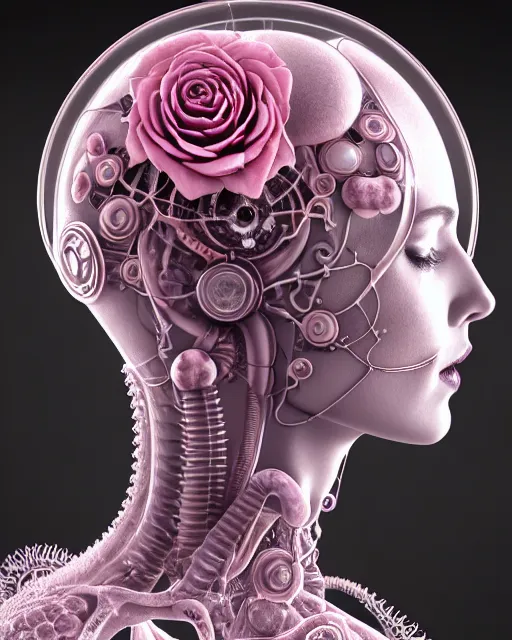 Image similar to mythical dreamy organic bio - mechanical spinal ribbed profile face portrait detail of translucent steampunk beautiful intricated monochrome angelic - human - queen - vegetal - cyborg, highly detailed, intricate translucent pale pink ivy jelly ornate, poetic, translucent roses ornate, 3 d render, digital art, octane render, 8 k artistic photography