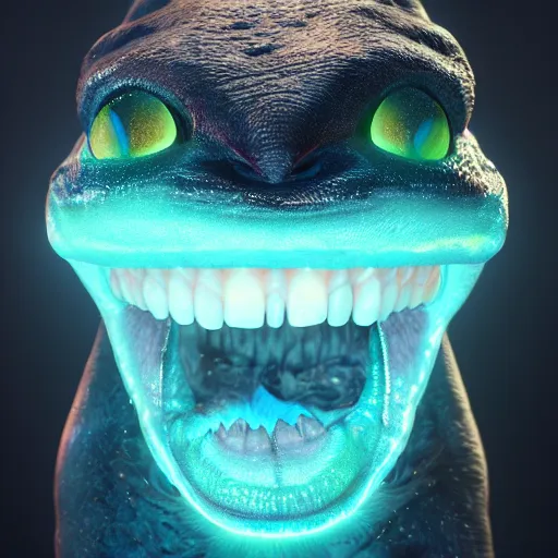 Prompt: realistic photography of bioluminescent toothless, studio shot, 1 0 0 mm, hyper realism, intricate, digital art, detailed, unreal engine 5, octane, high definition, smooth, artstation, behance