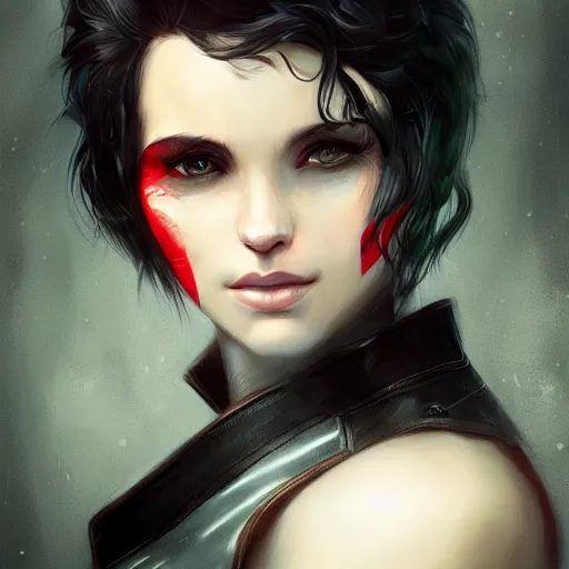 Prompt: portrait of an experienced young ranger with green eyes and short black hair wearing a red hood and a leather vest, artwork by Charlie Bowater, 8k resolution, trending on art station