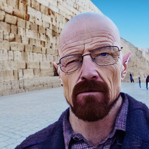 Prompt: photo realistic, walter white selfie by the kotel wall