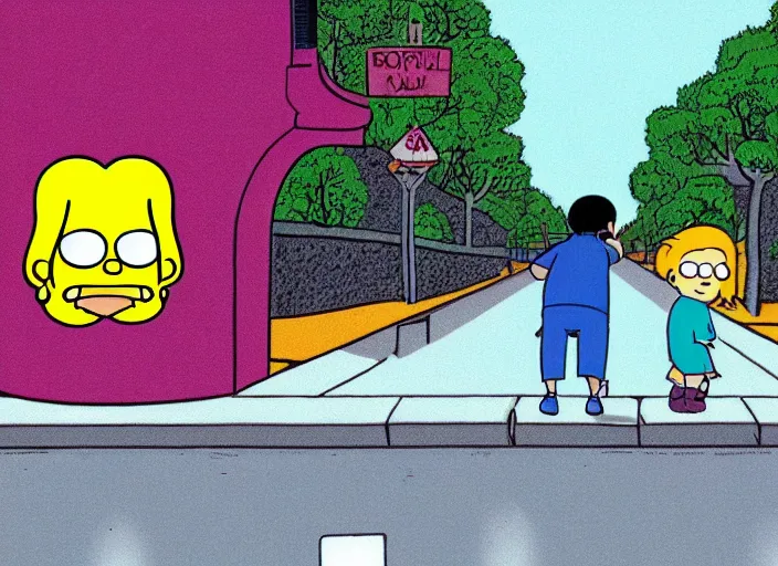 Prompt: a person walking down a road with a child, an album cover by matt groening, trending on tumblr, naive art, criterion collection, vaporwave, seapunk