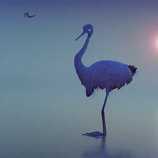 Image similar to a hybrid of a crane and a frog on the background of a blue sunset, photorealism, 4 k