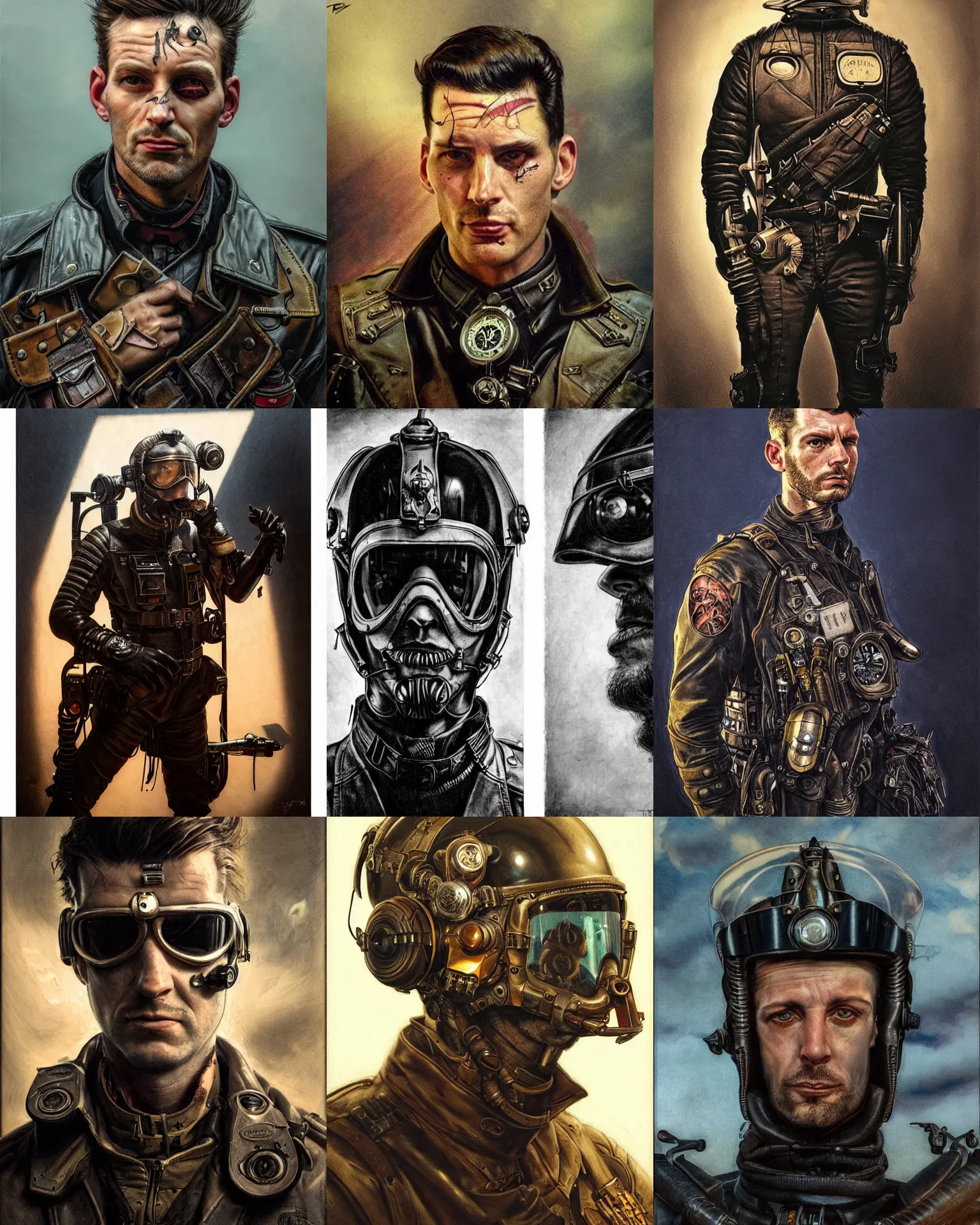 Prompt: portrait, headshot, angled, d, grizzled, scarred, victorian retro - futurist pilot, leather pilots uniform, heroic composition, by diego gisbert llorens and donato giancola, regal, dramatic lighting, backlit, spot lit, shadowed, mysterious, tattoos, intricate, hyper realistic, hyperdetailed, centered, cinematic