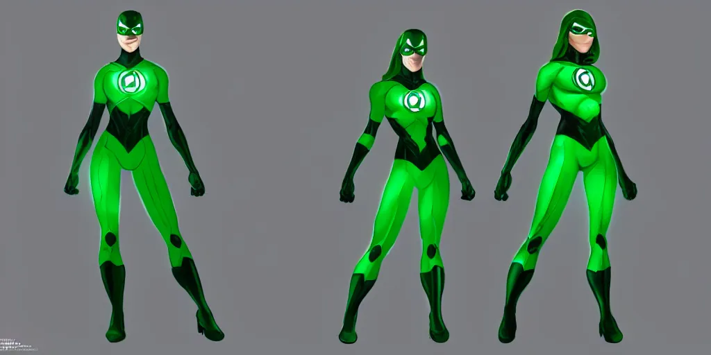 Image similar to full body exaggerated outfit, female green lantern character clean concepts by senior concept artist in the anime film, suit, powers, glowing, stronge, smooth, high detail, featured on artstation