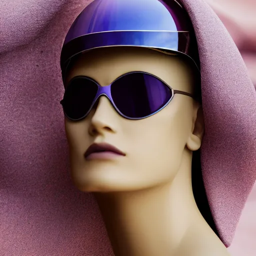 Prompt: Portrait of an editorial model with Indigo chalcanthite crystal gem reflective helmet mask standing in pastel sand dunes detailed Versace editorial ultra close up photo 105mm f2.8 in The Grand Budapest Hotel