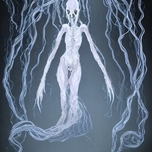 Image similar to concept designs for an ethereal wraith like figure with a squid like parasite latched onto its head and long tentacle arms that flow lazily but gracefully at its sides like a cloak while it floats around a forgotten kingdom in the snow searching for lost souls and that hides amongst the shadows in the trees, this character has hydrokinesis and electrokinesis for the resident evil village video game franchise with inspiration from the franchise Bloodborne and the mind flayer from stranger things on netflix